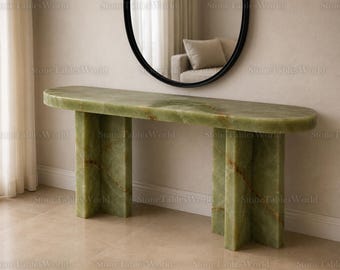 Luxury Green Onyx Console Table | Modern Marble Entryway Table | Sculptural Pedestal Stone Console | Contemporary Hallway Furniture table