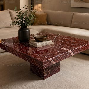 Luxury Rosso Levanto Marble Coffee Table | Handmade Organic Modern Statement Piece for Living Room | Round Red Marble Center Table