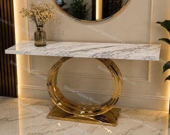 Luxury White Marble Console Table with Gold Ring Base, Modern Entryway Table, Narrow Hallway Sofa Table, Stone Top Glam Furniture