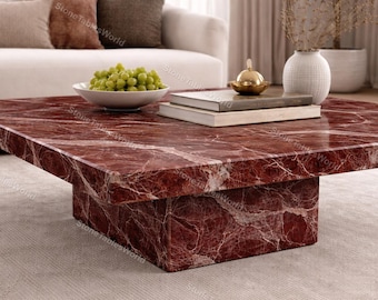 Red Rosso Levanto Marble Coffee Table | Square Plinth Center Table | Modern Luxury Stone Furniture | Minimalist Living Room Table