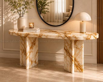 Luxury Oval Honey Onyx Console | Natural Stone Entryway Table | Sculptural Pedestal Base | Modern Interior Statement Piece
