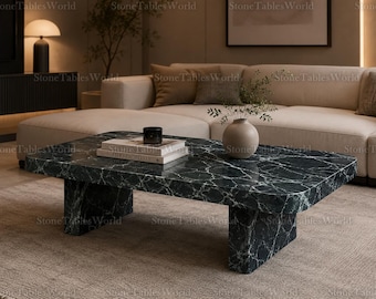 Organic Modern Green Marble Coffee Table | Green Spider Stone Center Table | Luxury Japandi Coffee Table | Rectangular Stone Furniture