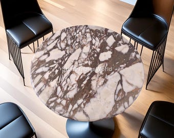 Luxury Round Marble Dining Table – Calacatta Viola Marble Table – Modern Pedestal Dining Room Furniture – Handmade Custom Stone Table