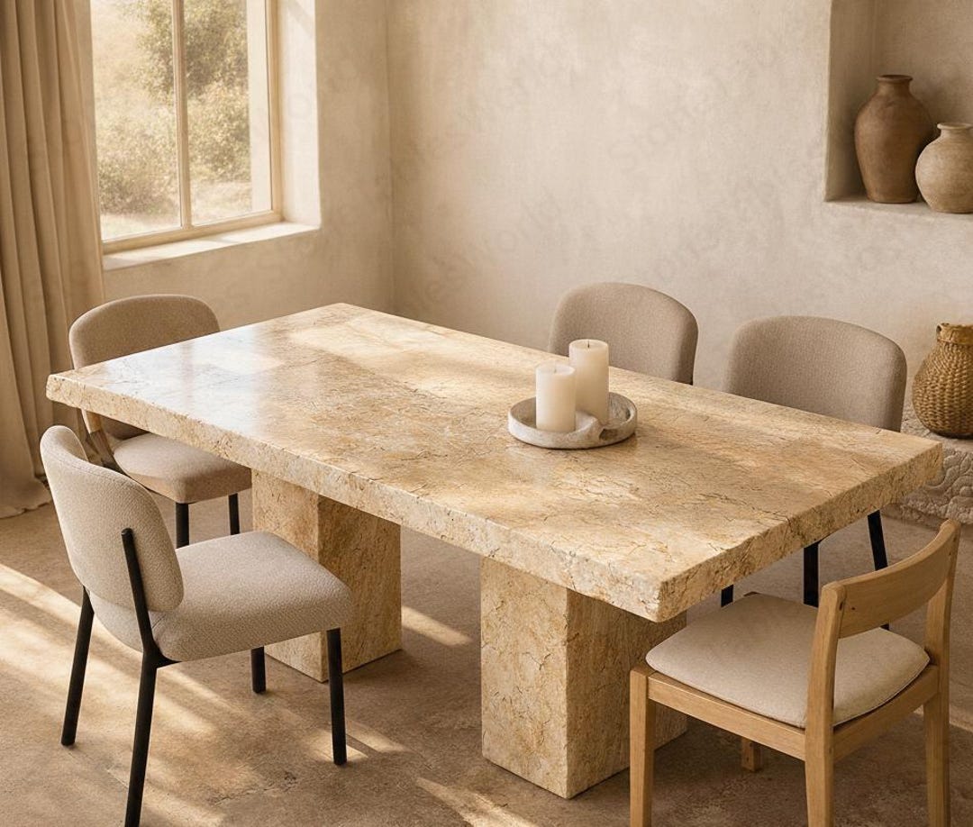 Handcrafted Rectangular Travertine Dining Table | Honed Natural Stone ...