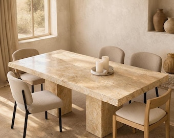 Handcrafted Rectangular Travertine Dining Table | Honed Natural Stone Pedestal Table | Custom Minimalist Luxury Dining Furniture