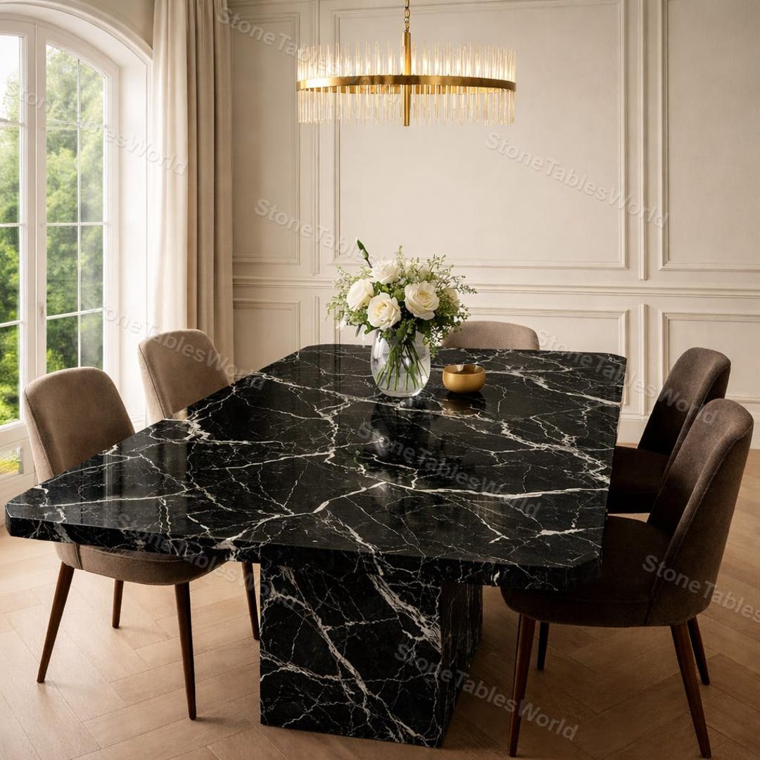 Black Marble Dining Table – Nero Marquina Style Rectangular Stone Table ...