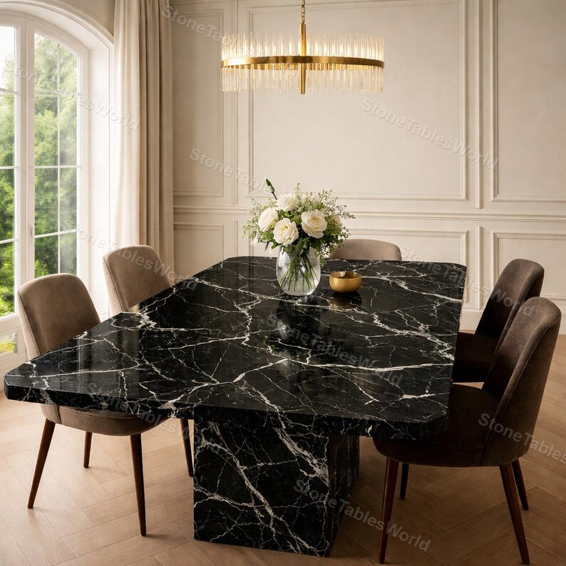 Black Marble Dining Table – Nero Marquina Style Rectangular Stone Table ...