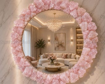 Raw Rose Quartz Statement Mirror, Luxury Round Wall Mirror, Handcrafted Stone Mirror, Pink Crystal Wall Decor, Modern Living Room Mirror