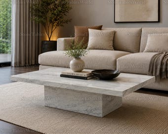White Carrara Marble Coffee Table – Luxury Italian Stone Cocktail Table with Block Plinth Base – Modern Minimalist Living Room Furniture