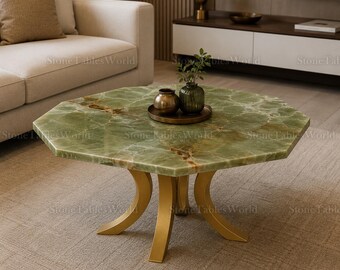 Luxury Natural Green Onyx Coffee Table, Geometric Octagonal Stone Table, Organic Modern Center Table, Quiet Luxury Living Room Furniture