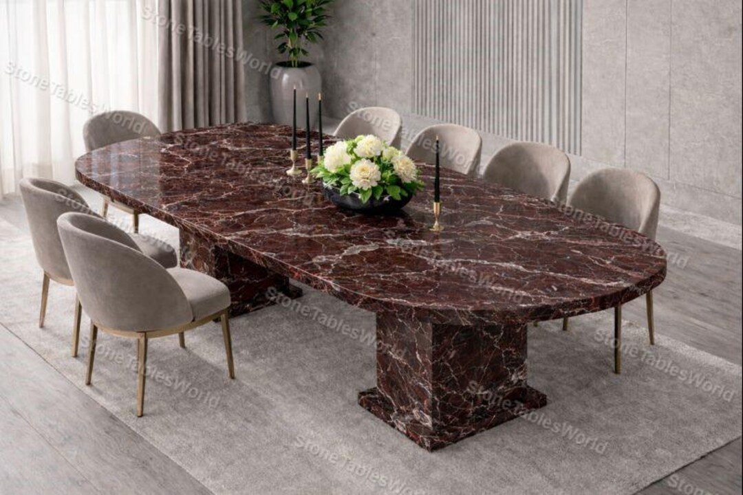 Luxury Rosso Levanto Marble Dining Table Oval, Burgundy Red Stone Table ...