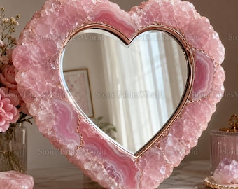 Heart Shaped Pink Agate Mirror Frame, Natural Rose Quartz Vanity Mirror, Luxury Crystal Wall Mirror, Coquette Room Decor, Valentine's Gift