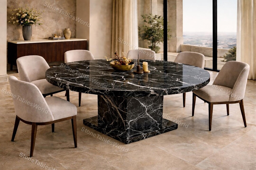 Modern Round Black Marble Dining Table | Luxury Spider Black Stone ...