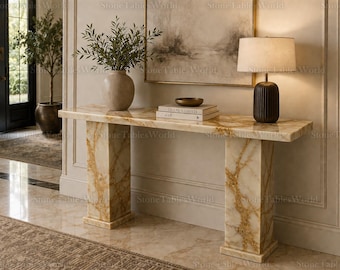 Natural Honey Onyx Console Table, Luxury Stone Entryway Table, Organic Modern Pedestal Sideboard, Handcrafted Marble Hallway Console