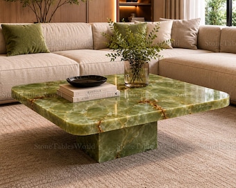 Luxury Green Onyx Coffee Table, Square Natural Stone Center Table, Mid Century Modern Plinth Table, Organic Modern Living Room Decor