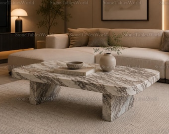 Calacatta Viola Marble Coffee Table – Organic Modern Stone Center Table, Luxury Low Plinth Cocktail Table, Minimalist Living Room Furniture