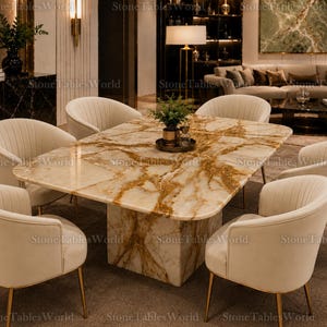 May include: A rectangular marble dining table with a gold and cream pattern, supported by a matching pedestal base. Six cream-colored upholstered chairs with gold legs surround the table. A small plant sits on the table's surface.