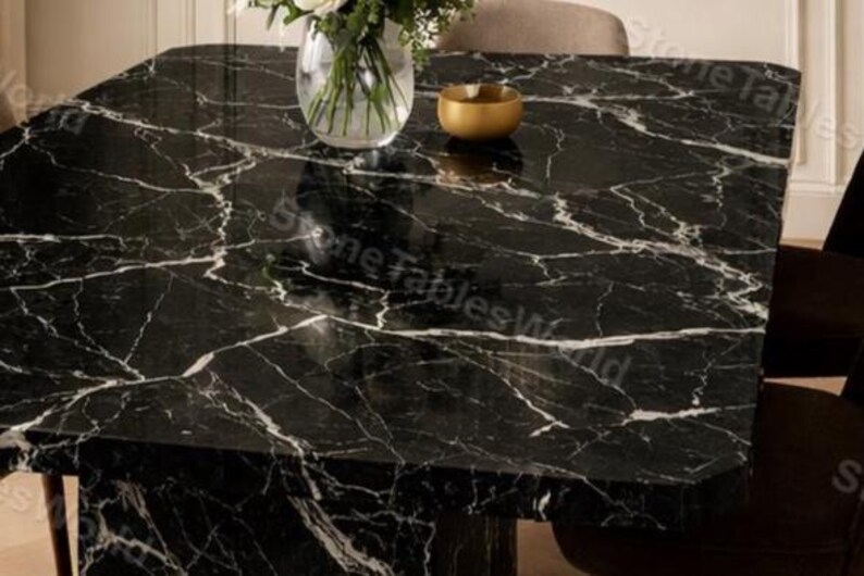 Black Marble Dining Table – Nero Marquina Style Rectangular Stone Table ...