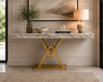 Calacatta Viola Marble Console Table, Gold Stainless Steel Entryway Table, Modern Hallway Accent Furniture