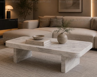 Modern White Marble Coffee Table for Living Room, Carrara Marble Center Table, Minimalist Stone Coffee Table, Organic Modern Furniture