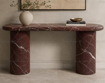 Rosso Levanto Marble Console Table | Fluted Pedestal Oval Stone Entryway Table | Luxury Red Marble Sofa Table | Organic Modern Hallway Decor