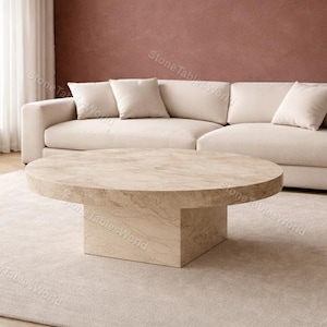 Round Travertine Coffee Table – Natural Beige Stone Pedestal Table | Minimalist Limestone Center Table | Organic Modern Marble Coffee Table