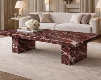 Luxury Rosso Levanto Marble Coffee Table | Natural Veined Stone Center Table | Modern Minimalist Rectangular Plinth | Custom Size