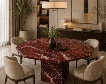 Rosso Levanto Marble Dining Table – Luxury Italian Red Stone Octagon Dining Table – Modern Pedestal Table Luxury Rosso Levanto Marble Table