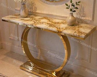 Consolle in onice color miele con base a C dorata, lussuoso tavolino da ingresso in pietra naturale, mobile moderno per corridoio, tavolino sottile da divano