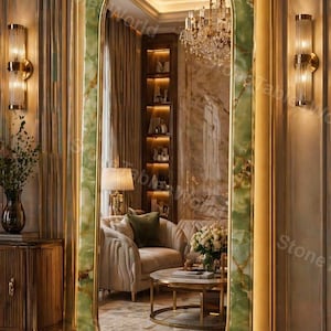 グリーンオニキスのフロアミラー、全身鏡、天然石の壁掛け鏡、高級グリーンマーブルミラー、手作りの石製フレーム装飾