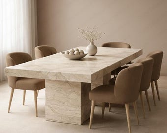 Handmade Travertine Dining Table Top | Minimalist Stone Pedestal Table