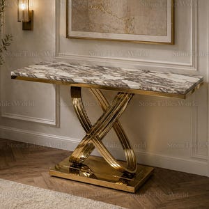 Luxury Calacatta Viola Marble Console Table, Organic Modern Entryway Table, Gold X Base Hallway Table, Quiet Luxury Decor, Marble Sofa Table