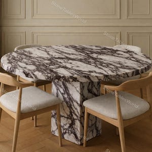 Round Calacatta Viola Marble Dining Table | Luxury Italian Purple Vein Stone Table with Plinth Base | Custom Stone Furniture
