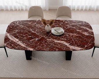 Rosso Levanto Red Marble Dining Table Oval | Luxury Natural Stone Dinner Table with Black Pedestal Base | Modern Italian Kitchen Table