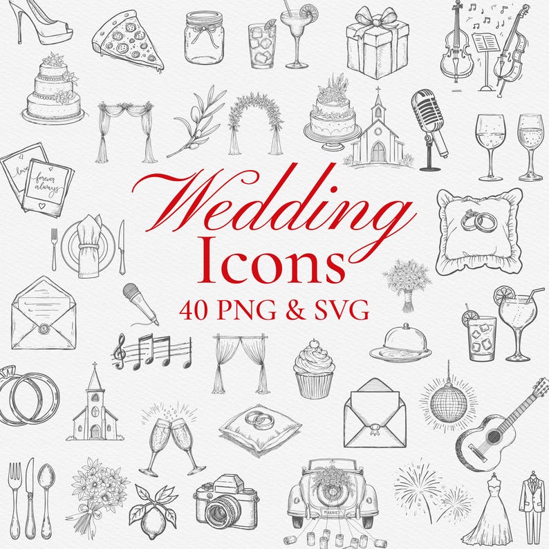 40 Wedding Icons SVG PNG Bundle, Hand Drawn Wedding Line Art Clipart ...