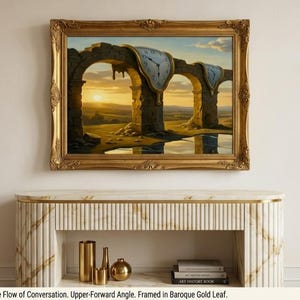 May include: A framed artwork depicting melting clocks over an archway landscape, in a gold baroque frame. The artwork is above a marble console table with gold accents. The text "3.0 - The Flow of Conversation. Upper-Forward Angle. Framed in Baroque Gold Leaf." is at the bottom.