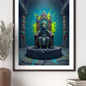 Può includere: Stampa incorniciata raffigurante una figura nativa americana verde seduta su un trono. L'opera, con un tema fantasy, presenta uno sfondo turchese e giallo. La figura indossa un copricapo.