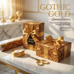 May include: Two wrapped gifts with gold bows and skull pattern wrapping paper. A roll of matching paper, gold ribbon, and scissors are on a white surface. The text "Gothic Gold Limited Edition" is displayed.