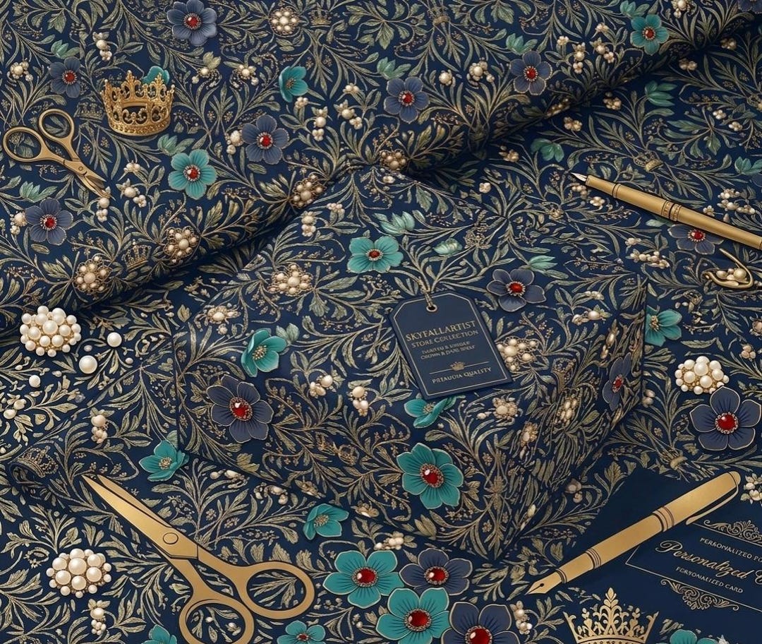 Navy Blue Jewel Floral Wrapping Paper | Royal Botanical Crown Pattern ...