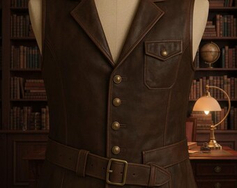 Chaleco de cuero marrón para hombre / Chaleco victoriano steampunk con cinturón