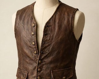 Handmade Distressed Brown Leather Vest - Vintage Biker Waistcoat
