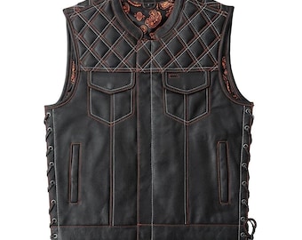 Men's Black Leather Motorcycle Vest – Diamond Stitch Biker Club Vest