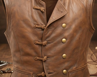 May include: A brown leather vest with a mandarin collar and a double-breasted front. The vest features four gold-colored buttons and three toggle closures. Two small pockets are visible at the waist. The vest is sleeveless and has a vintage style.