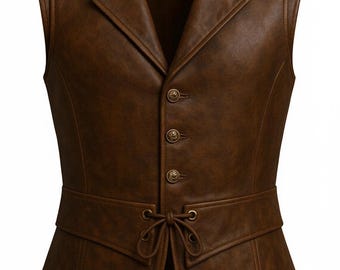 Handmade Brown Leather Vest, Vintage Western Biker Style