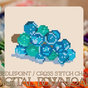 May include: A digital cross stitch chart featuring a pixelated floral design in shades of blue and green. The image includes the text "NEEDLEPOINT / CROSS STITCH CHART DIGITAL DOWNLOAD" and a logo in the upper left corner. The background is a neutral beige.