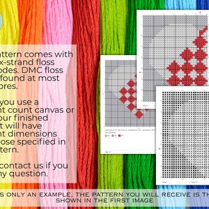 May include: The image shows a variety of colourful embroidery threads and examples of cross-stitch patterns. Text on the left side provides details about DMC floss colour codes and pattern dimensions. The cross-stitch patterns show red and black designs on a grid.