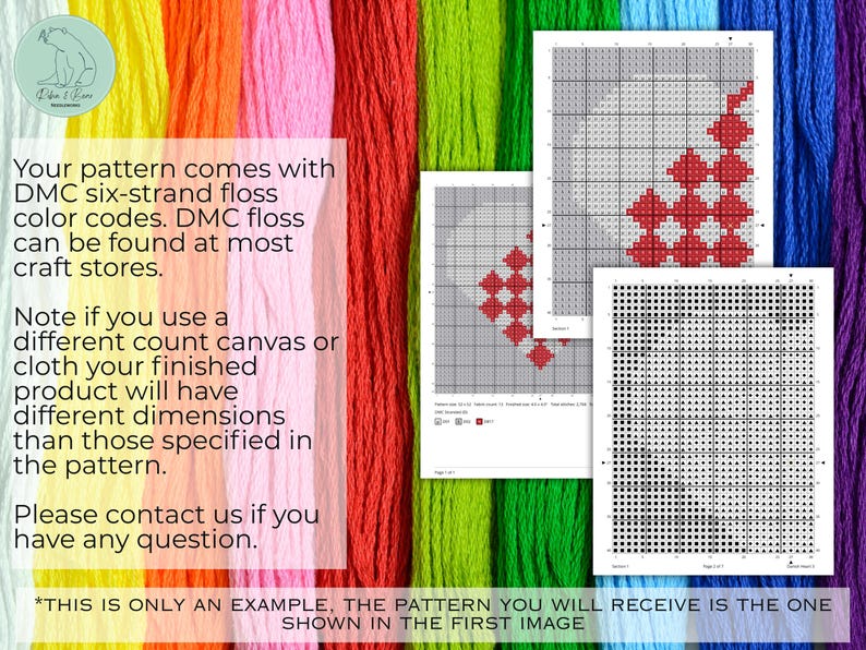 May include: The image shows a variety of colourful embroidery threads and examples of cross-stitch patterns. Text on the left side provides details about DMC floss colour codes and pattern dimensions. The cross-stitch patterns show red and black designs on a grid.