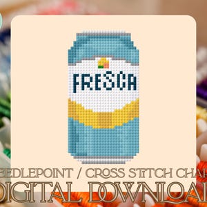 May include: A cross-stitch chart featuring a pixelated design of a Fresca soda can. The can is light blue, white, and yellow, with the word "FRESC" in dark blue. The words "NEEDLEPOINT / CROSS STITCH CHART" and "DIGITAL DOWNLOAD" are also present.