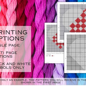 May include: Image shows cross-stitch pattern examples with text: "PRINTING OPTIONS - SINGLE PAGE - MULTI PAGE SECTIONS - BLACK AND WHITE SYMBOLS ONLY." The background features colourful embroidery floss in shades of pink, red, and blue.