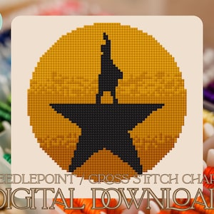 May include: A digital cross-stitch chart featuring a black silhouette of a figure atop a black star, set against a yellow circle. The words "NEEDLEPOINT / CROSS STITCH CHART" and "DIGITAL DOWNLOAD" are displayed below the design.